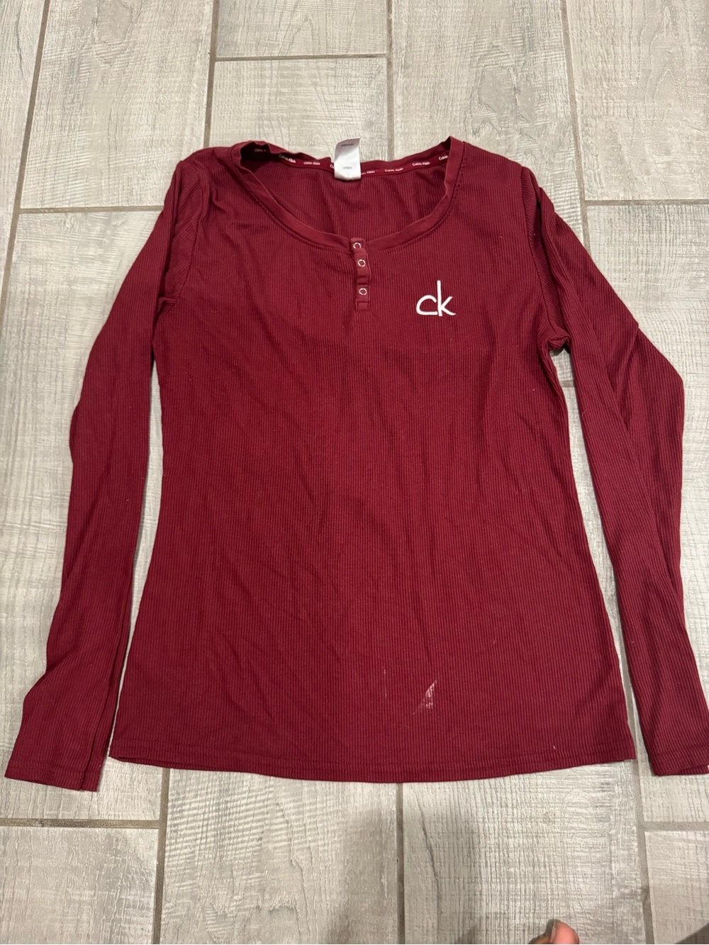 Calvin Klein Ribbed Long Sleeve Henley Top - Burgundy